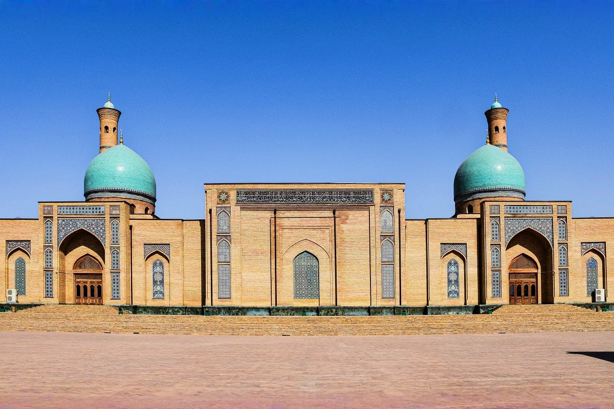 Tashkent City Tour Historic Islamic mosque with turquoise domes and twin minarets in Tashkent, Uzbekistan