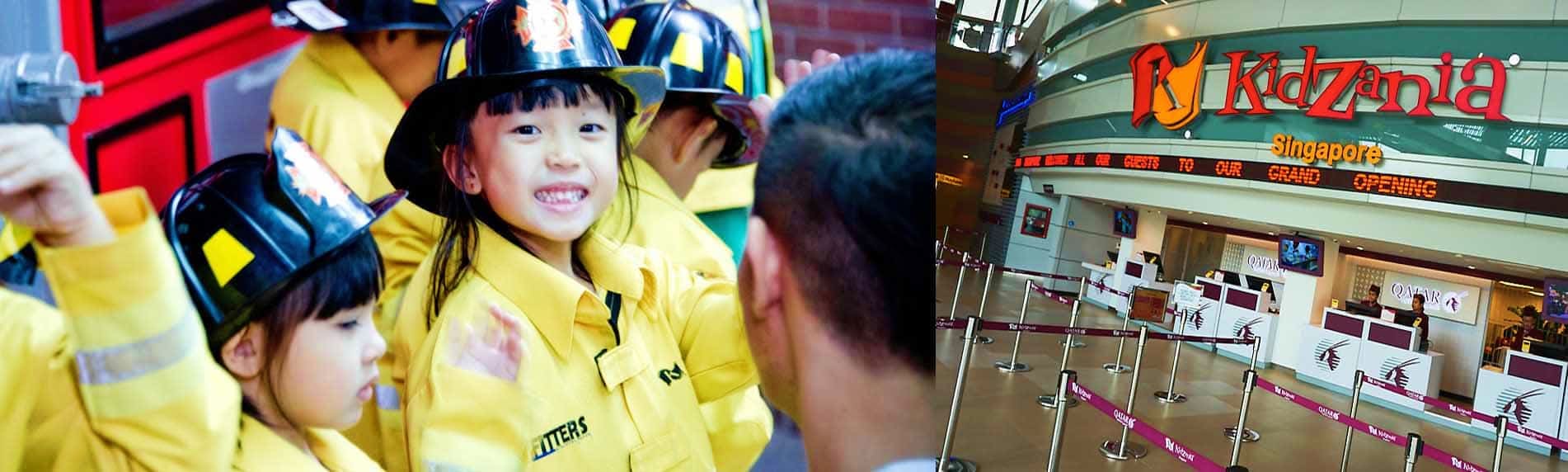 KidZania Singapore Children wearing yellow firefighter costumes and helmets at KidZania Singapore indoor theme park