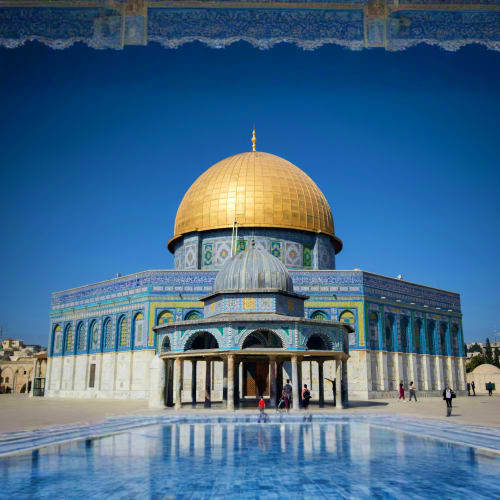 Dome of the Rock mosque with golden dome and blue tile work reflected in courtyard plaza in Jerusalem