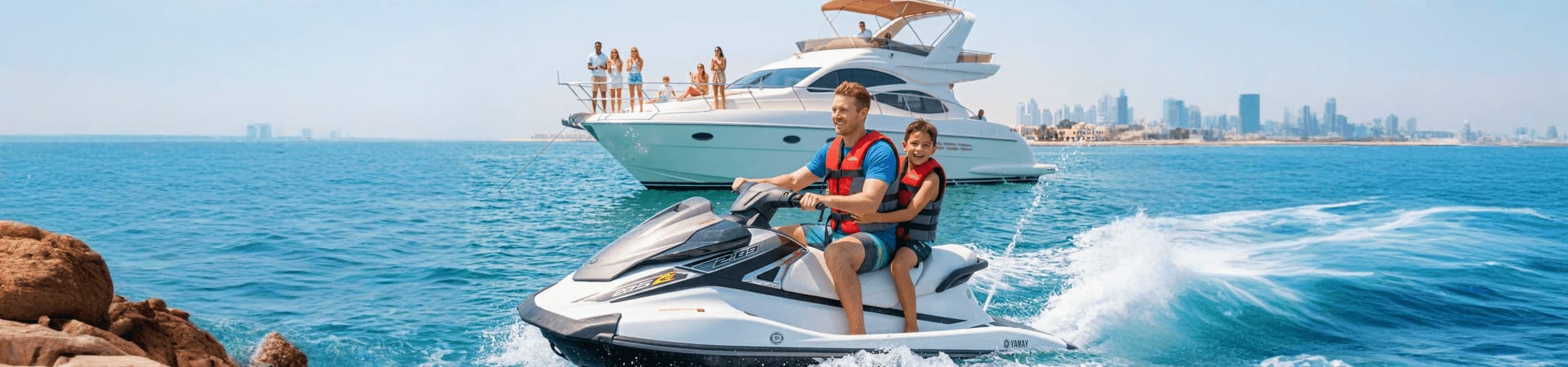 Man and child riding jet ski in front of luxury yacht with passengers, coastal city skyline in background