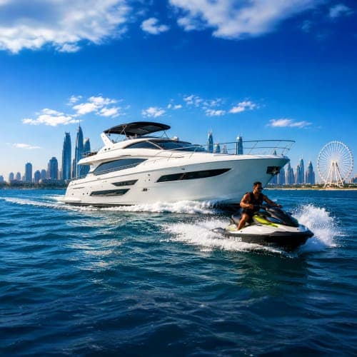 Luxury white yacht with jet skis in Dubai waters, city skyline and Ferris wheel visible in background