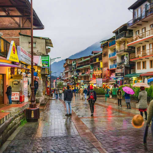 Wet cobblestone street in Shimla's busy bazaar with colorful shops, mountains in background, tourists with umbrellas on rainy