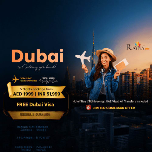 Young woman holding airplane model and passport with Dubai skyline and Burj Khalifa at sunset behind her