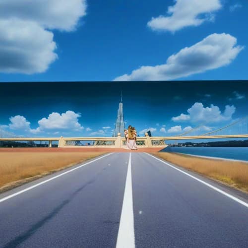 Straight road with white center line leading toward modern architecture and tall spire under blue sky with clouds