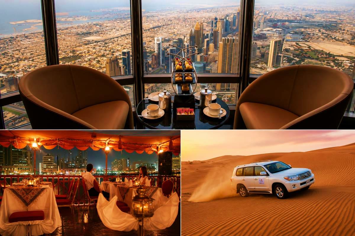 Luxury experiences in UAE: high-rise dining overlooking Dubai skyline, rooftop restaurant with city views, and desert safari 