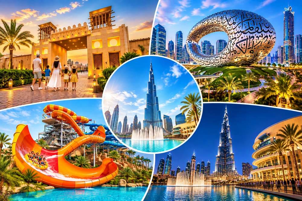 Collage of Dubai attractions including Burj Khalifa, water park slides, traditional gateway, Museum of the Future, and Dubai 
