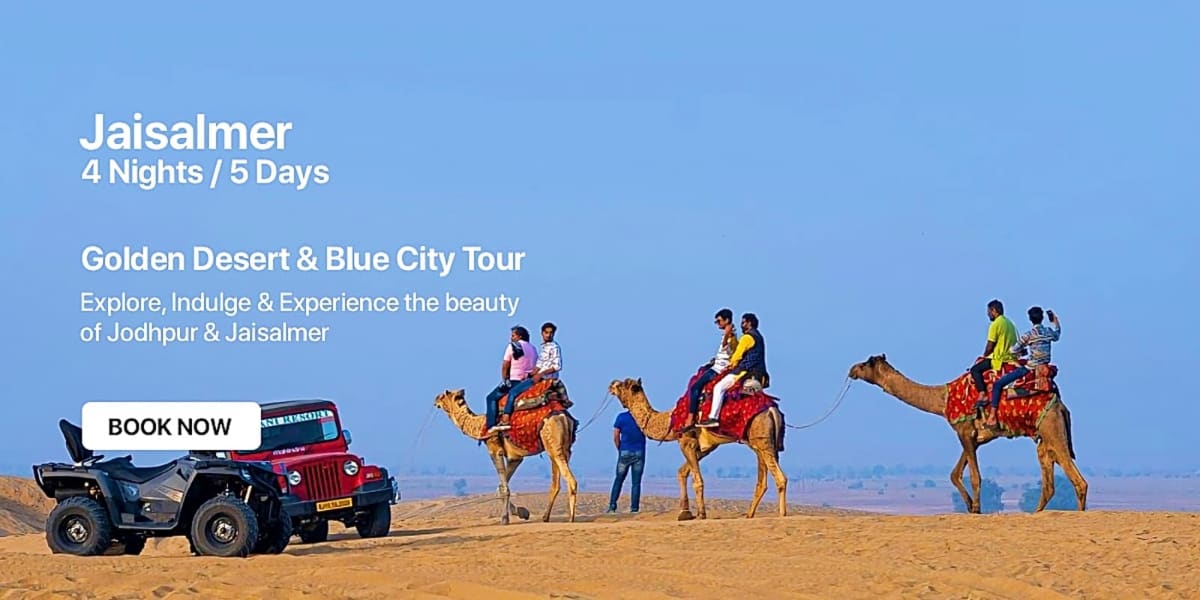 Tourists riding camels in the Jaisalmer desert with a jeep parked nearby, Golden Desert landscape