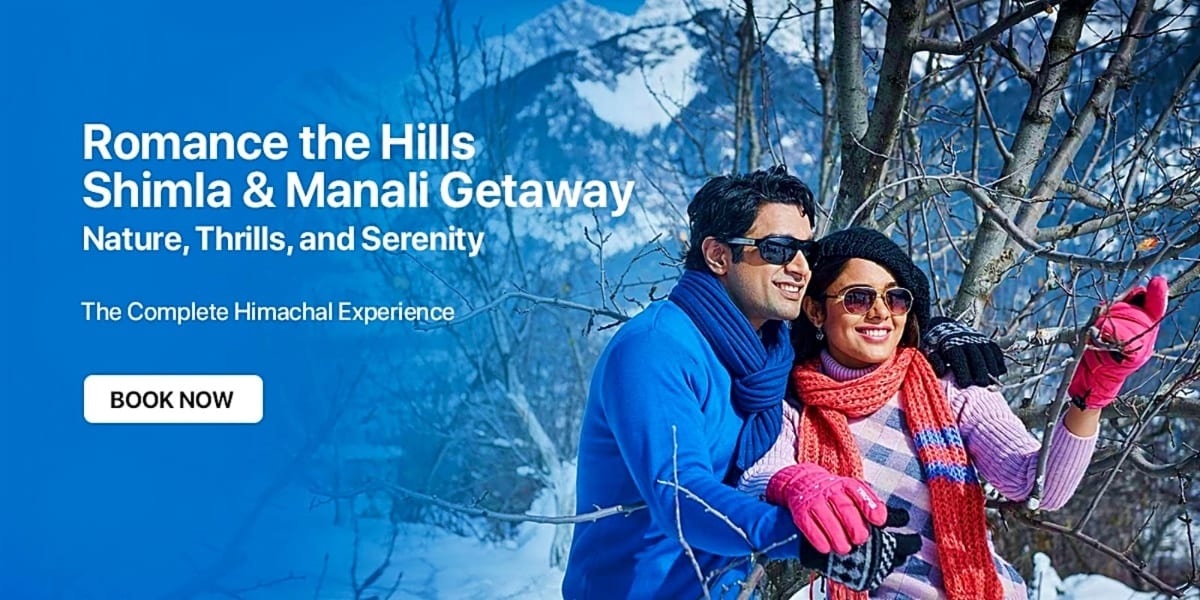 Couple enjoying snowy Himalayas with mountains and bare trees in background during winter getaway in Shimla and Manali