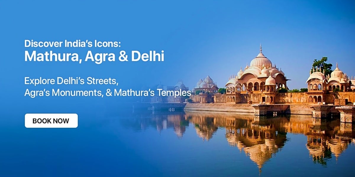 Historic temples and palaces reflected in still water in Mathura, India, with domed architecture and ornate structures agains