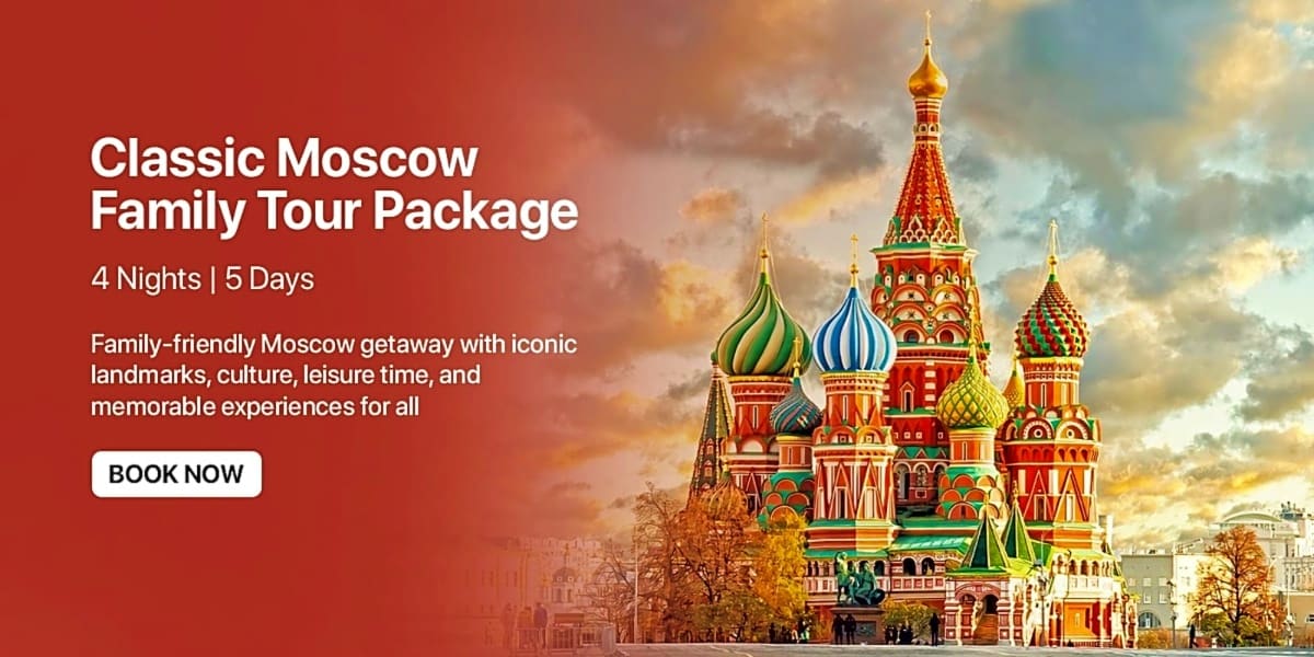 Saint Basil's Cathedral in Red Square, Moscow, with colorful onion domes against a cloudy sky at sunset