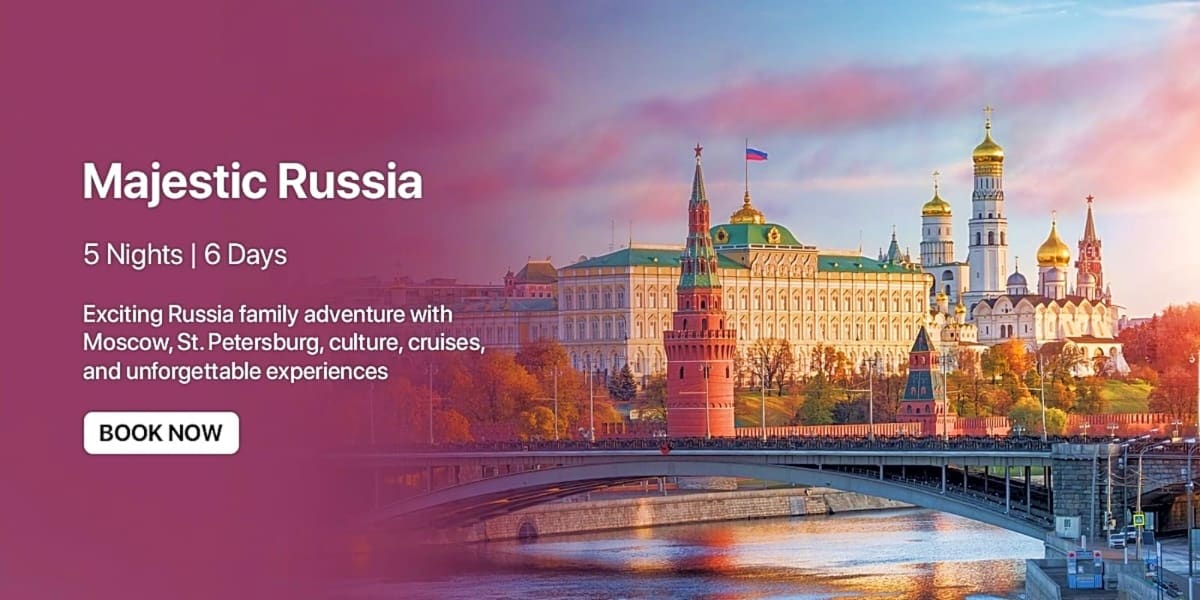 Moscow Kremlin with golden domes and churches reflected in river at sunset, Russian flag visible