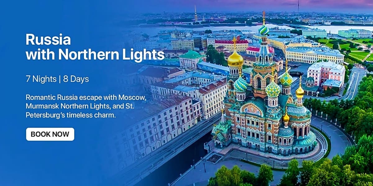 Aerial view of Saint Petersburg's Church of the Savior on Spilled Blood with golden domes overlooking the Neva River and city