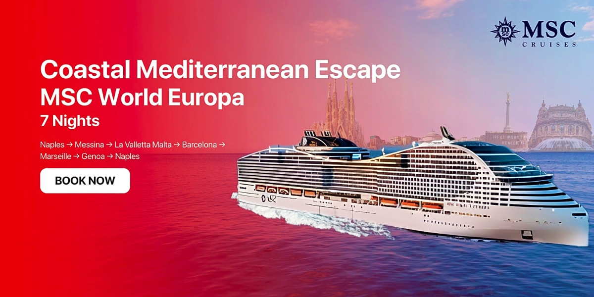 MSC World Europa cruise ship sailing in Mediterranean with Sagrada Familia and European landmarks in background