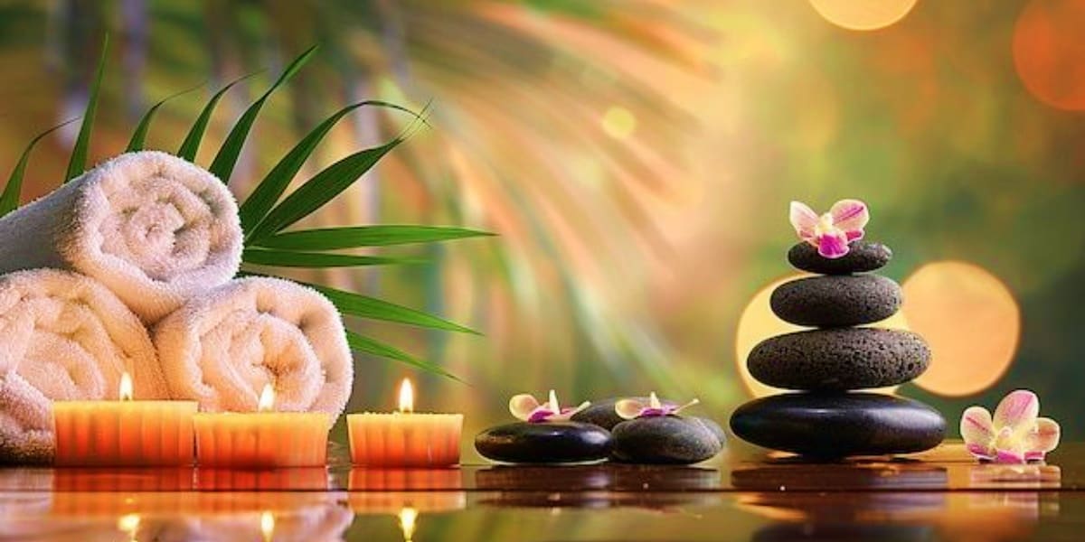 Spa wellness arrangement with rolled towels, orange candles, stacked black stones, pink orchid flowers, and palm leaves on re
