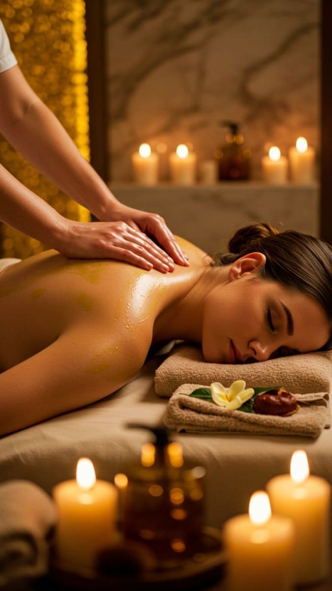 Spa therapist performing oil massage on relaxed client surrounded by lit candles and towels in serene spa setting