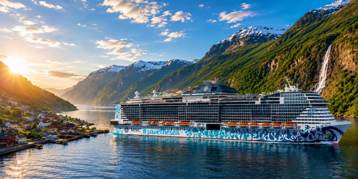 MSC Euribia cruise ship in Norwegian fjord at sunset with snow-capped mountains and waterfall
