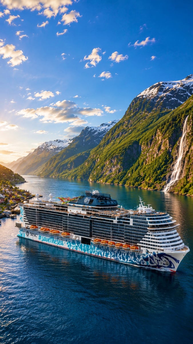 MSC Euribia cruise ship anchored in a Norwegian fjord surrounded by snow-capped mountains, green forests, and a cascading wat