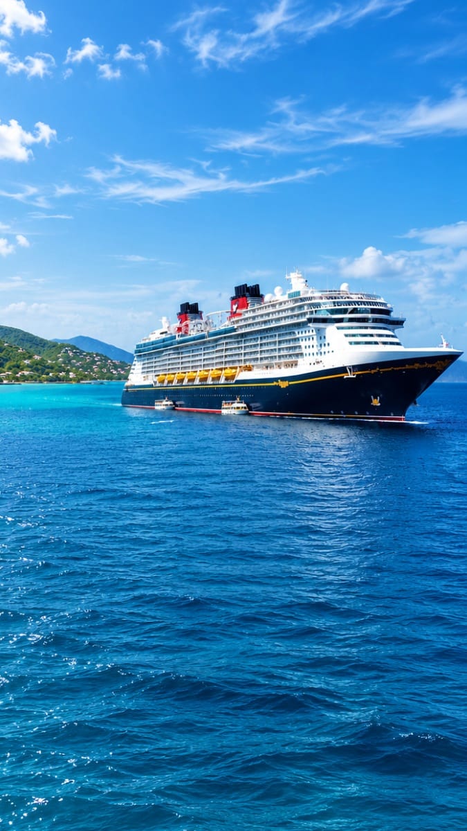 Disney Treasure cruise ship anchored in turquoise Caribbean waters with tropical island in background under blue sky