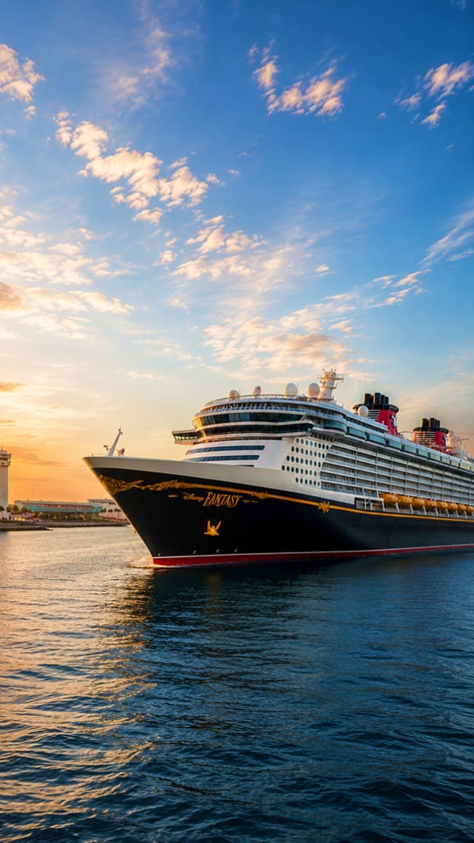 Disney Fantasy cruise ship docked in port at sunset with golden sky and clouds reflected in blue water