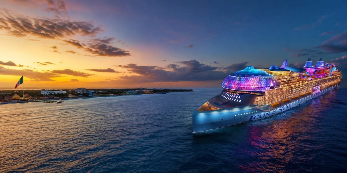 Icon of the Seas cruise ship illuminated at sunset departing from a Caribbean port with coastal buildings visible in the dist
