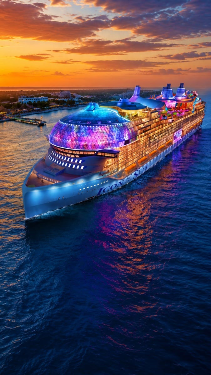 Icon of the Seas cruise ship illuminated at sunset with colorful LED lights on the dome and superstructure, sailing in Caribb