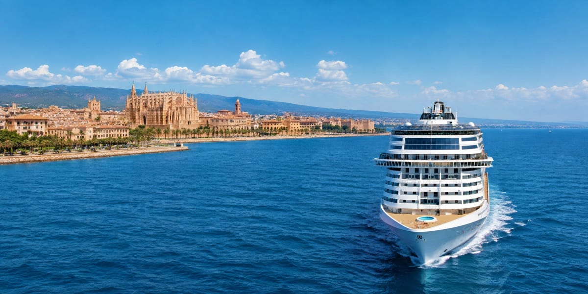 Large cruise ship MSC Grandiosa sailing in blue Mediterranean waters with Palma de Mallorca cathedral and historic waterfront