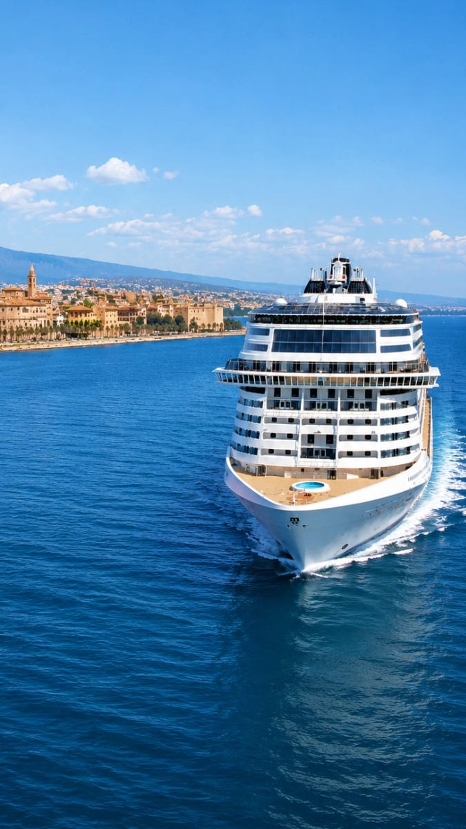 Large white cruise ship sailing in Mediterranean Sea with Cannes coastline and cathedral visible in background