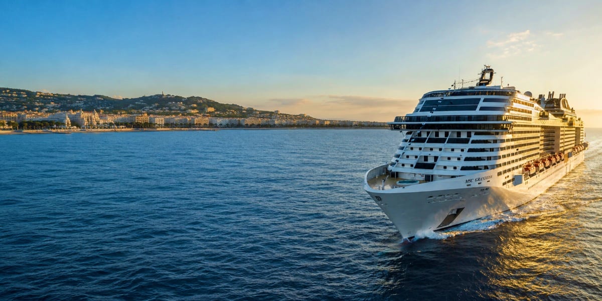 Large cruise ship MSC Grandiosa sailing in Mediterranean waters near coastal resort town at sunset