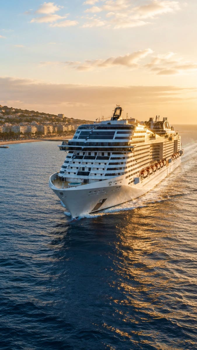 Large modern cruise ship MSC Grandiosa sailing in Mediterranean waters at sunset with coastal town and hillside buildings vis
