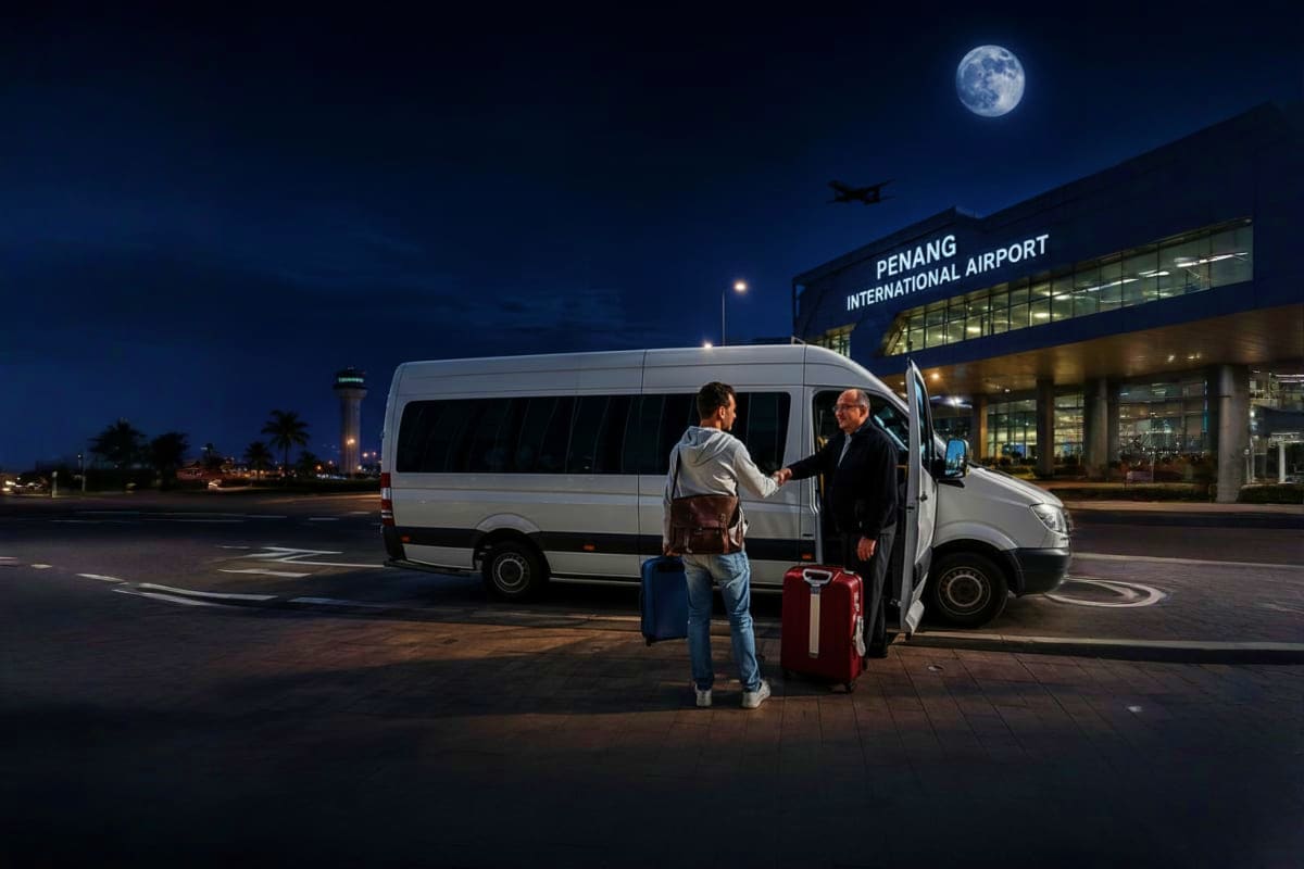 Passenger boarding white van at Penang International Airport terminal at night with full moon overhead