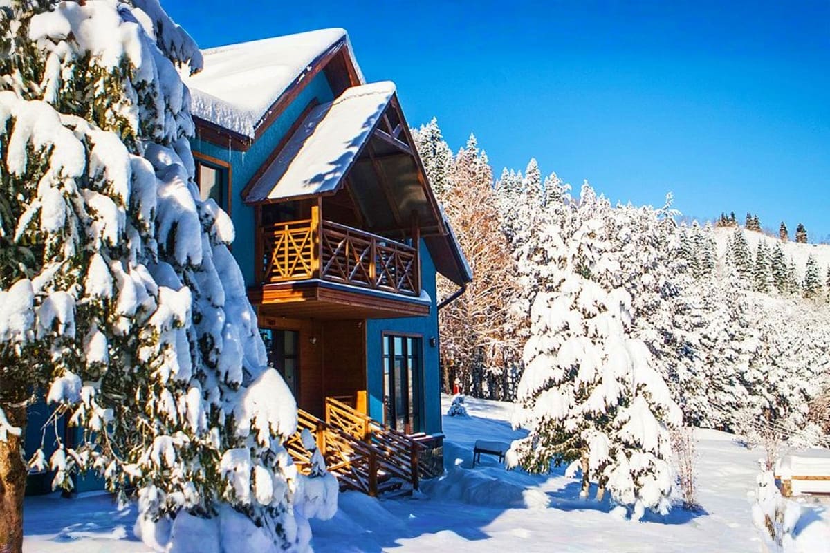Modern blue cabin with yellow trim nestled in snow-covered forest clearing under clear blue sky at Oi Qaragai mountain resort