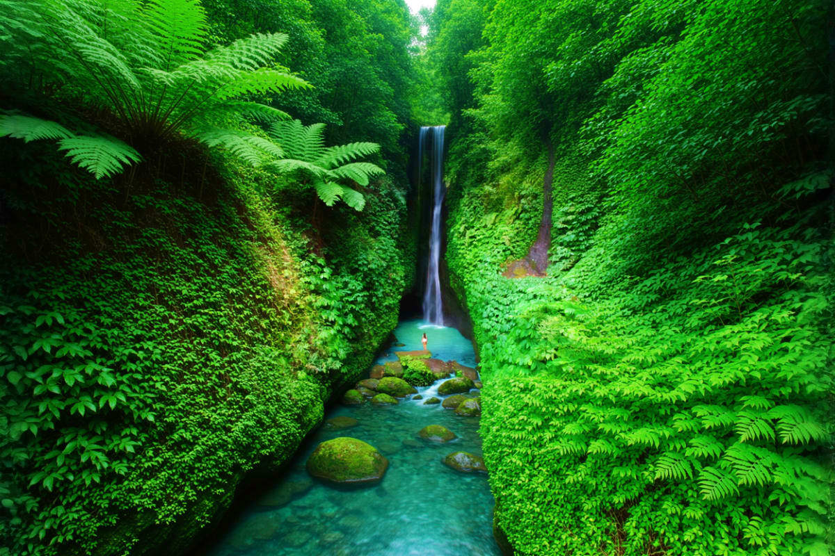 Person in red clothing swimming in turquoise pool beneath waterfall in lush green jungle canyon with fern-covered walls