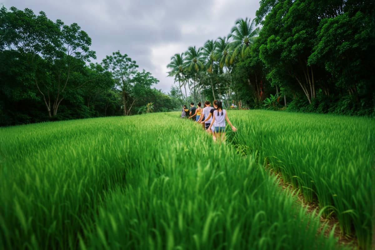 Group of tourists walking through lush green rice paddies with palm trees and tropical forest in Ubud, Bali