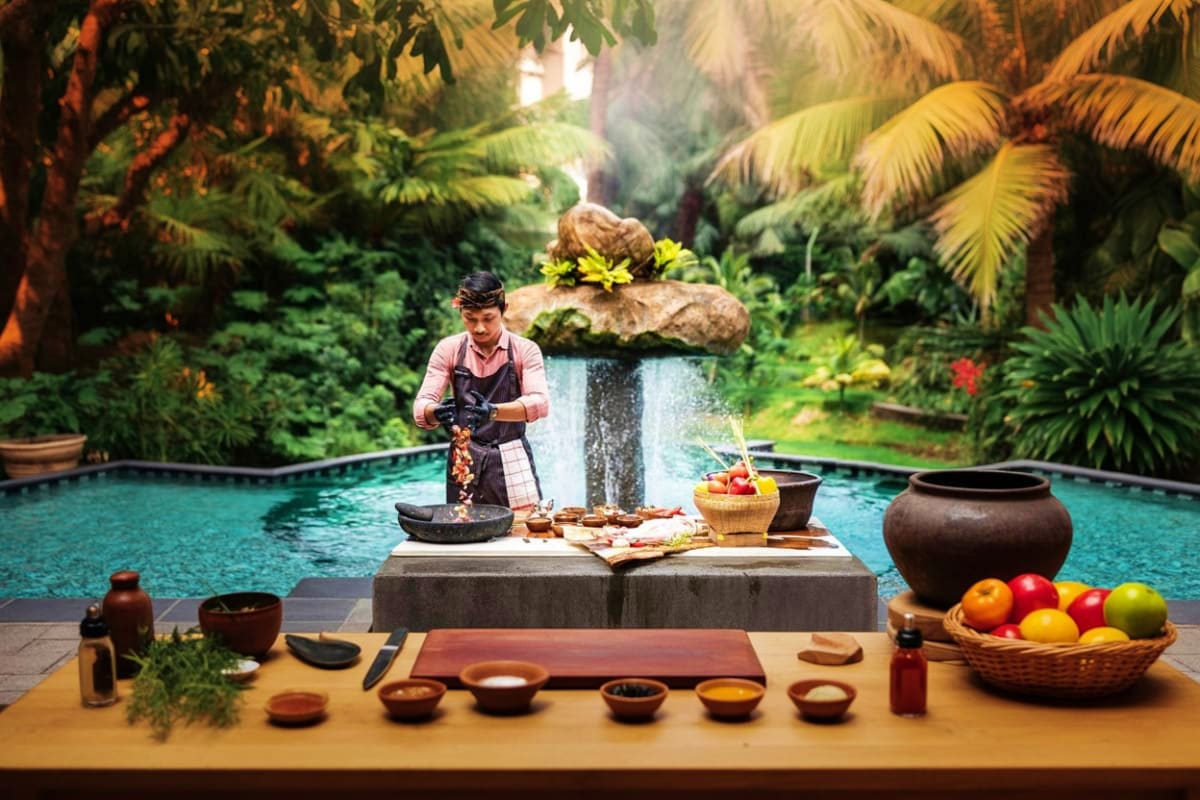 Chef preparing traditional Balinese cuisine at poolside cooking station surrounded by tropical plants and ingredient bowls in