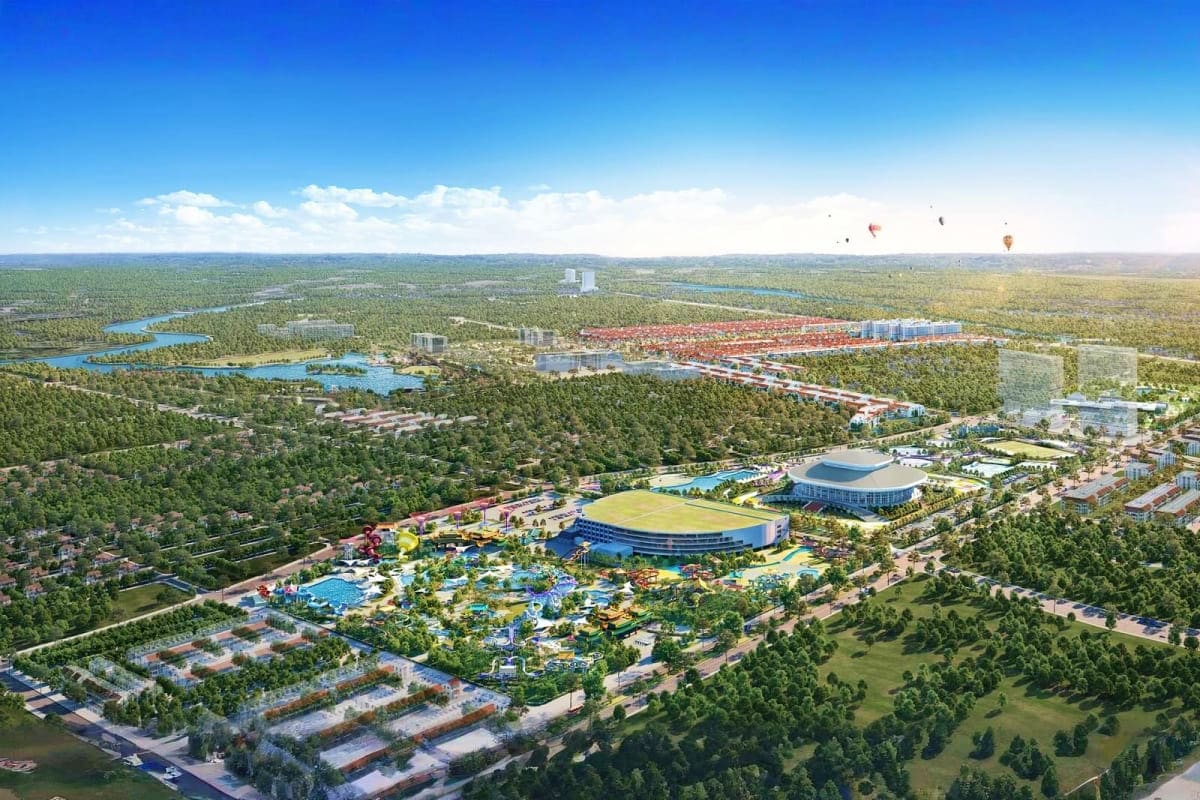 Sun World Ha Nam Aerial view of Sun World Ha Nam theme park with stadium, water park, and surrounding forest landscape near a river