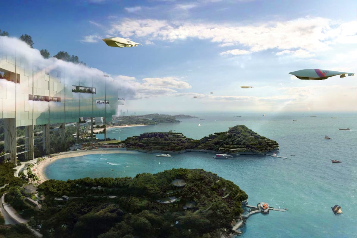 ArtScience Museum Singapore Futuristic coastal resort with glass architecture, private beach cove, and airships floating in sky above turquoise waters an