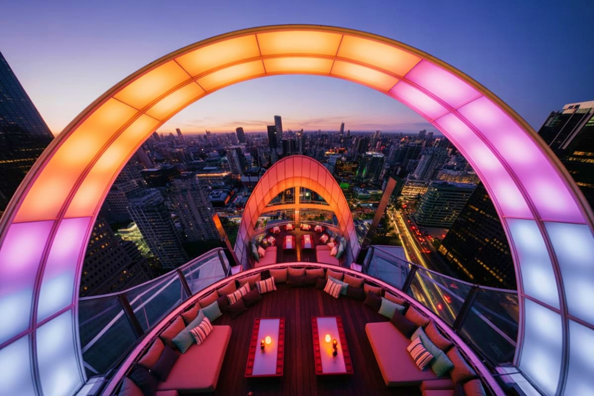 Bangkok City Tour Illuminated Ferris wheel cabin at dusk with Bangkok city skyline view at twilight