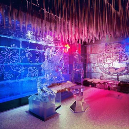 Modern ice lounge interior with illuminated ice sculptures, neon blue and pink lighting, and hanging icicle decorations creat