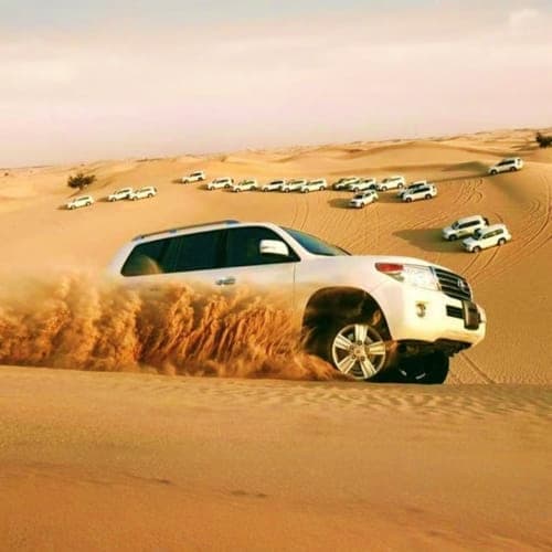 White SUV driving through golden sand dunes with dust trail, multiple vehicles visible in desert background during safari tou
