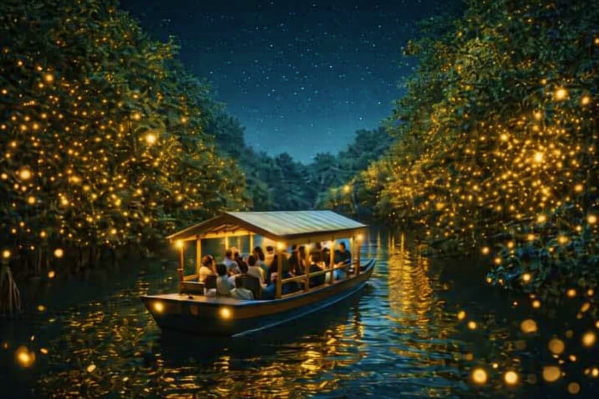 Illuminated boat with passengers on a waterway surrounded by glowing fireflies and trees at night under a starry sky