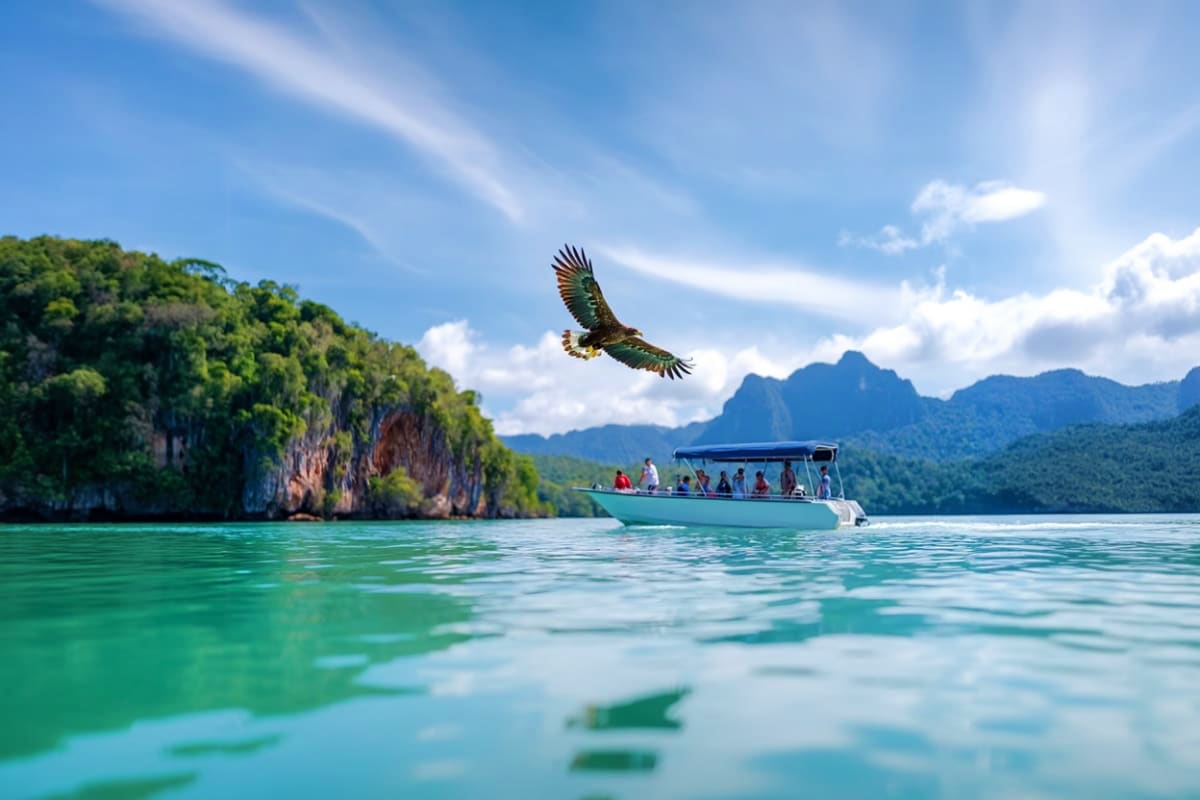 Eagle soaring over turquoise waters with tour boat and passengers near limestone cliffs in Langkawi, Malaysia