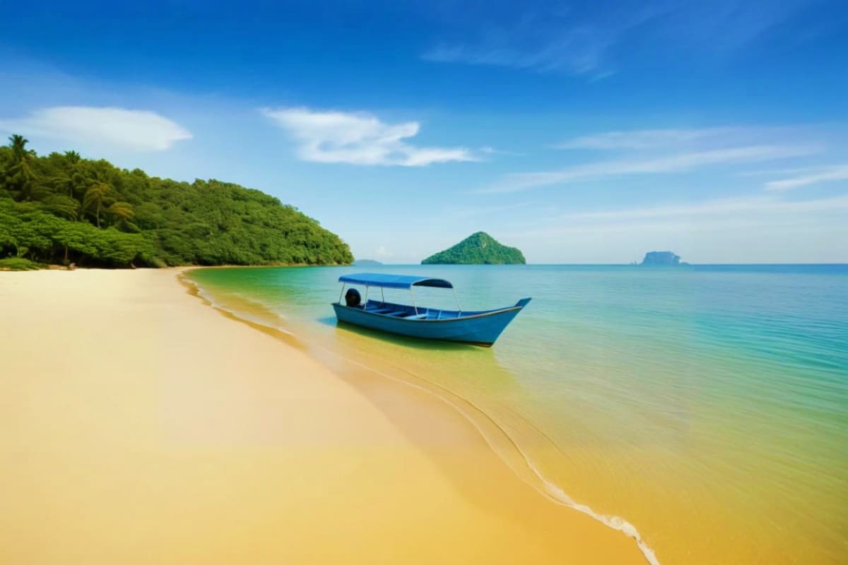Blue wooden boat moored in turquoise water off white sand beach with forested island and distant limestone cliffs in Langkawi