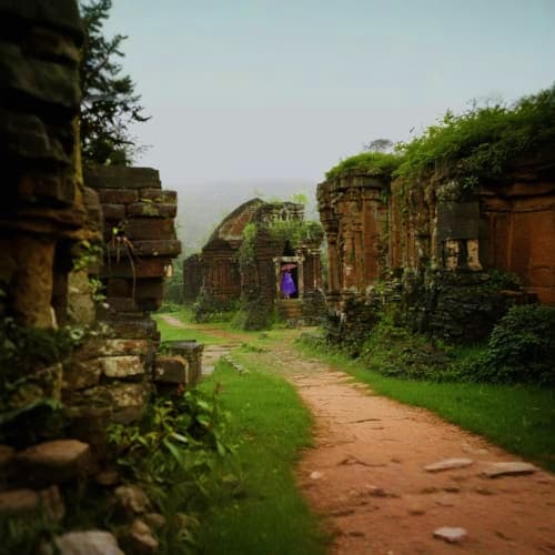 Ancient brick temple ruins with moss-covered structures lining a pathways at My Son Sanctuary in Vietnam