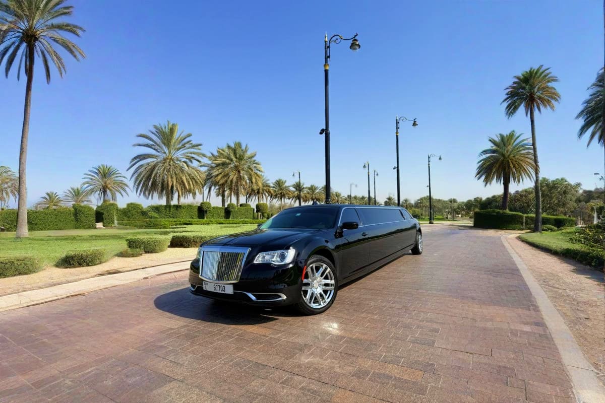 Black stretch limousine parked on brick pathway lined with palm trees and lamp posts in Dubai park