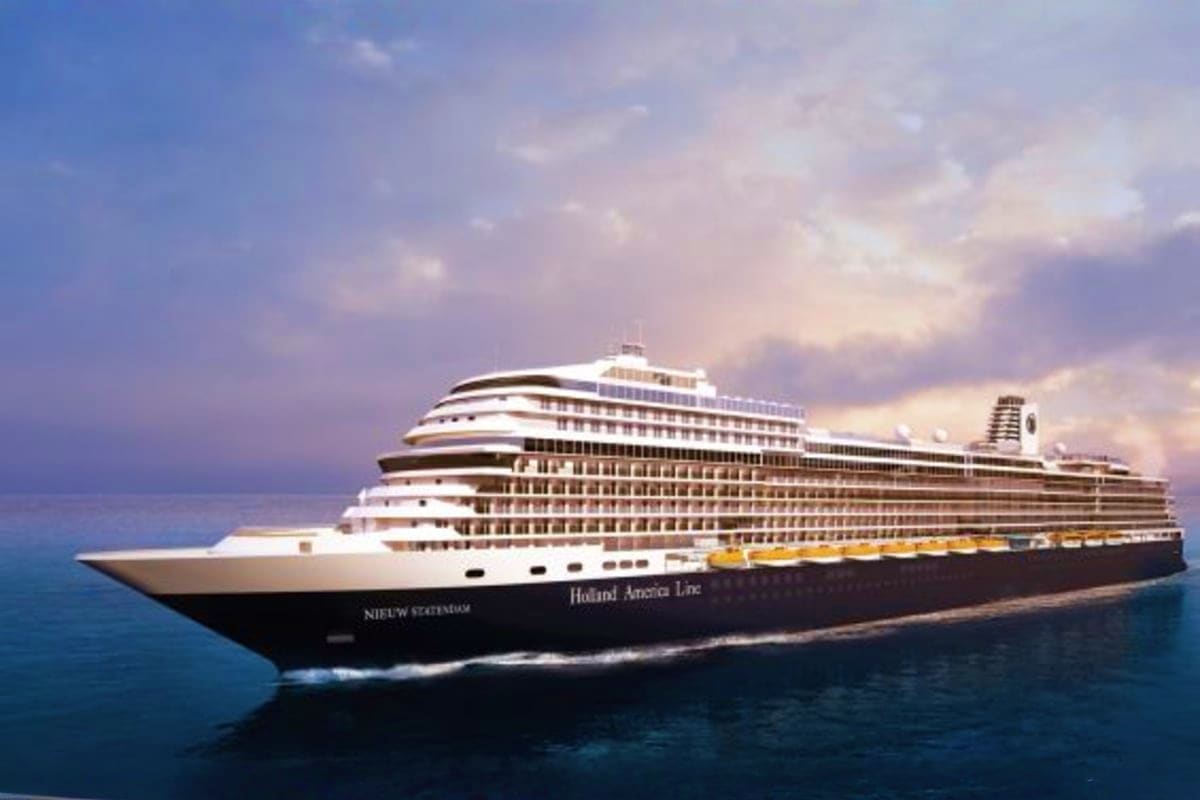 Nieuw Statendam cruise ship sailing on blue ocean waters under cloudy sky