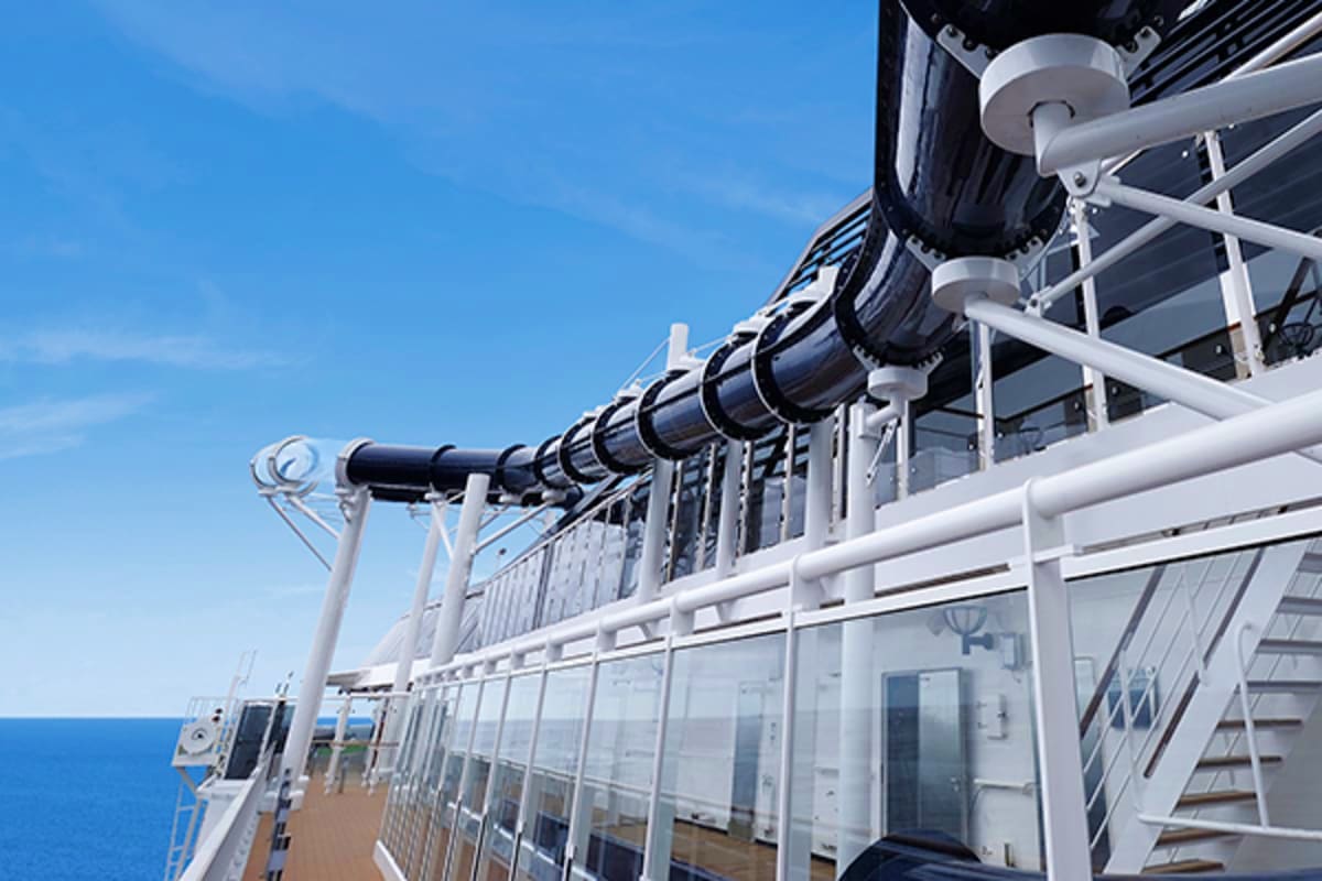 Deck railings and equipment on MSC Preziosa cruise ship with ocean and clear blue sky visible