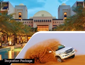 Ras Al Khaimah Central Stay with Desert Safari Collage showing white domed building with palm trees and illuminated pools on left, white SUV driving through golden desert s
