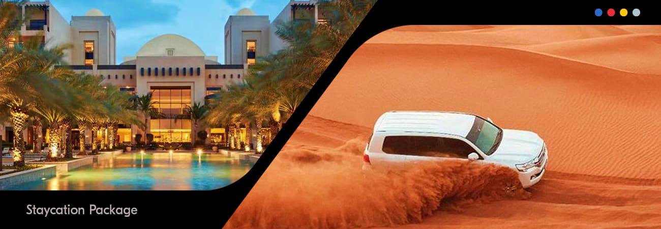 Luxury resort with illuminated dome and poolside courtyard on left, white SUV driving through orange sand dunes on right