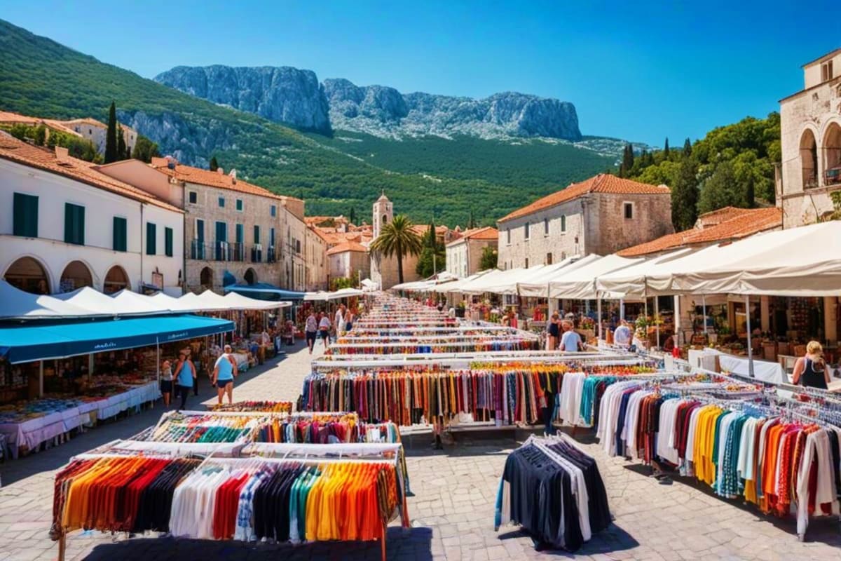 Outdoor market in historic Dalmatian town square with colorful clothing stalls, stone buildings, and dramatic green mountains