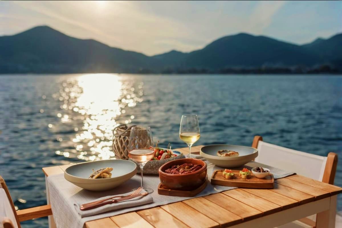 Outdoor waterfront dining table with Mediterranean dishes, wine glasses, and mountain backdrop at sunset